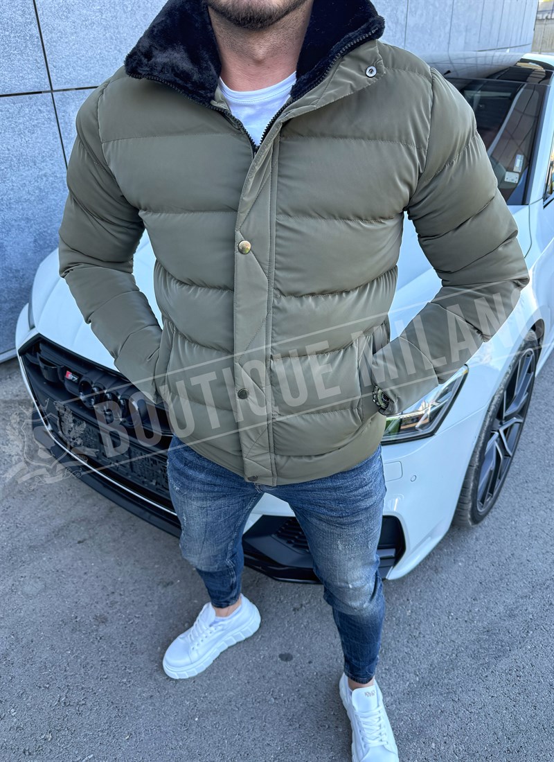 Ανδρικό χειμερινό πράσινο μπουφάν χωρίς κουκούλα K853-3