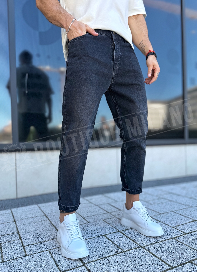 Ανδρικά μοντέρνα μαύρα boyfriend τζιν με minimal σχεδιασμό A02-1