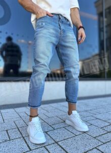 Ανδρικά μοντέρνα μπλε boyfriend τζιν με σκισμένο εφέ A277-1