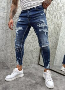 Ανδρικό σκούρο μπλε τζιν με μπαλώματα slim fit A4928-2