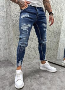 Ανδρικό σκούρο μπλε τζιν με μπαλώματα slim fit A4928-2