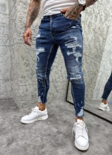 Ανδρικό σκούρο μπλε τζιν με μπαλώματα slim fit A4928-2