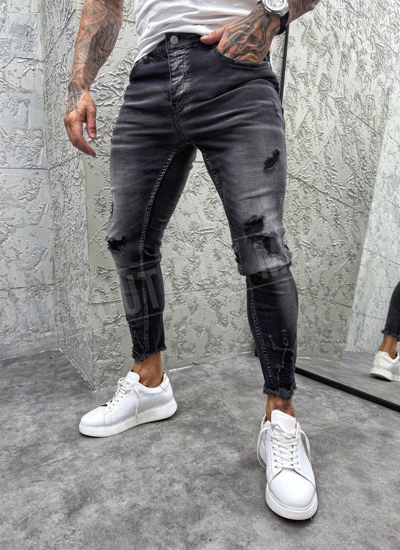 Ανδρικό σκούρο γκρι τζιν με μπαλώματα slim fit A4868-1