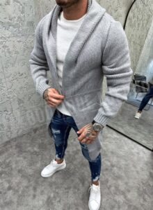 Ανδρική μακριά ζακέτα σε γκρι χρώμα με κουκούλα J2753-2