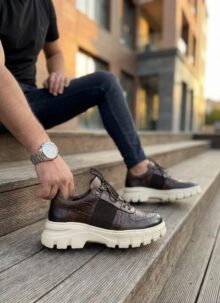 Ανδρικά καφέ δερμάτινα παπούτσια με κορδόνια BT021-2