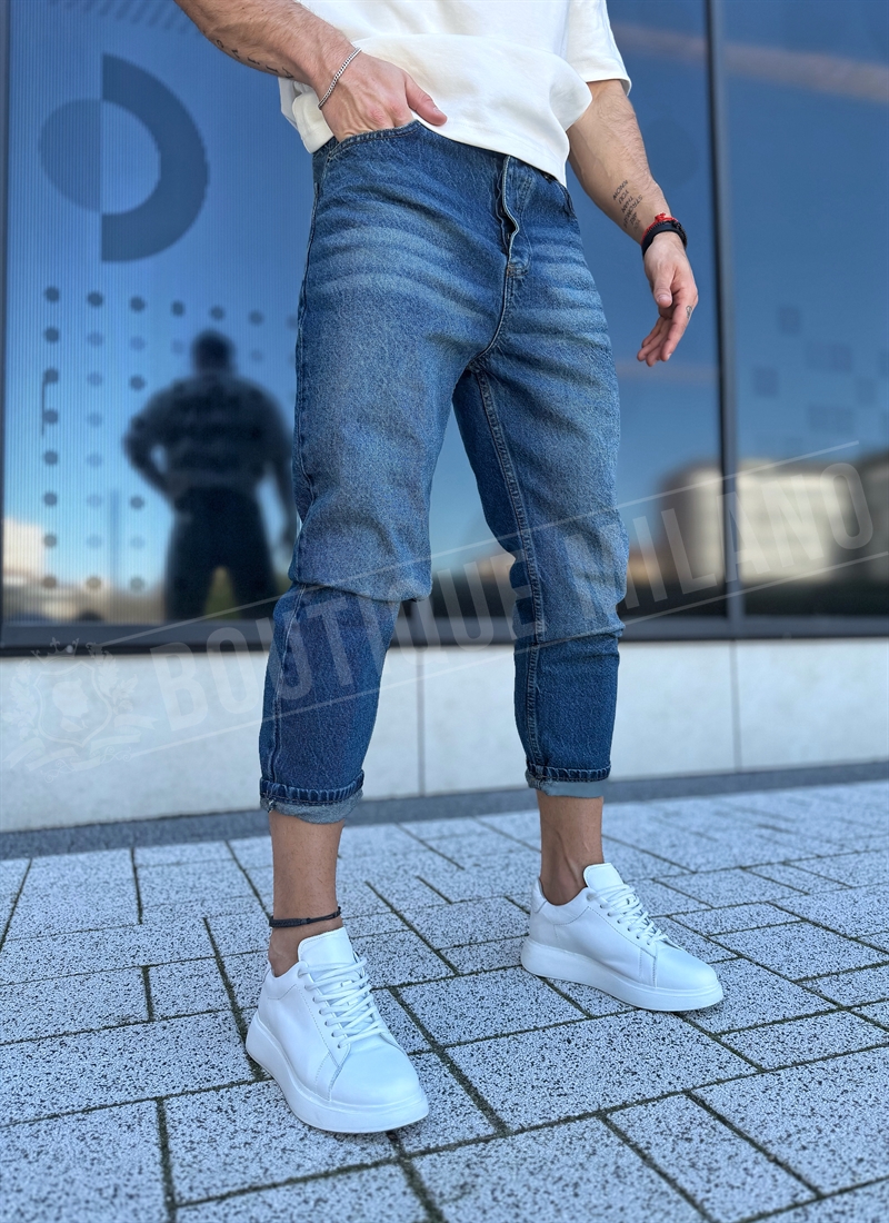 Ανδρικά μοντέρνα σκούρα μπλε boyfriend τζιν με minimal σχεδιασμό A918-1