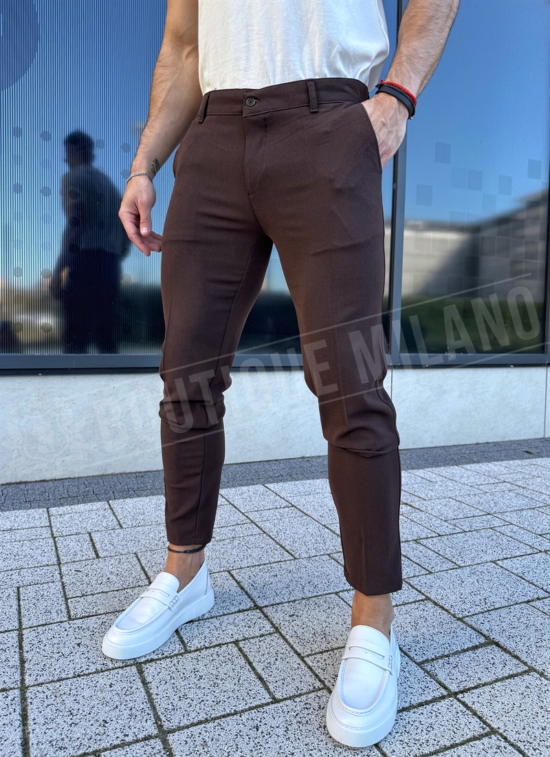 Ανδρικό καφέ κομψό παντελόνι Slim Fit P21-6