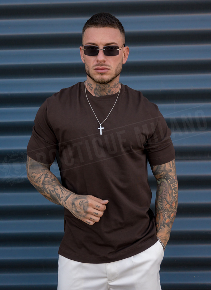 Κλασικό ανδρικό καφέ T-shirt από premium βαμβάκι T2762-4