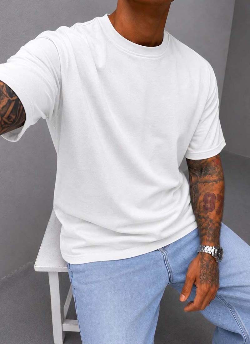 Ανδρικό λευκό T-shirt σε γραμμή oversized από βαμβάκι κορυφαίας ποιότητας T4004-2