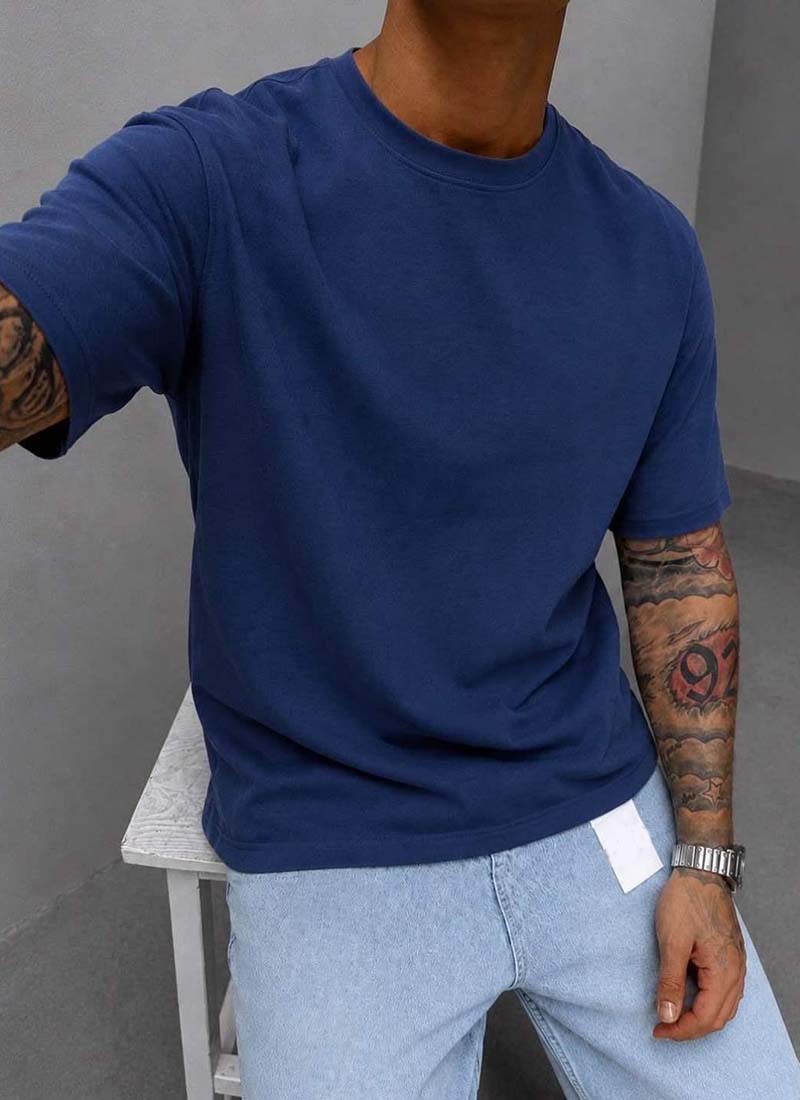 Ανδρικό T-shirt oversized από βαμβάκι εξαιρετικής ποιότητας σε σκούρο μπλε χρώμα T4004-5