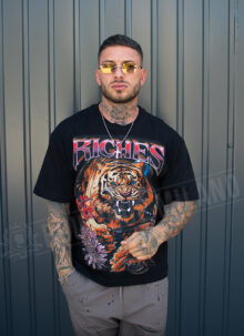 Ανδρικό μαύρο T-shirt με γραφικό τύπωμα «RICHES TIGER» T1117-1