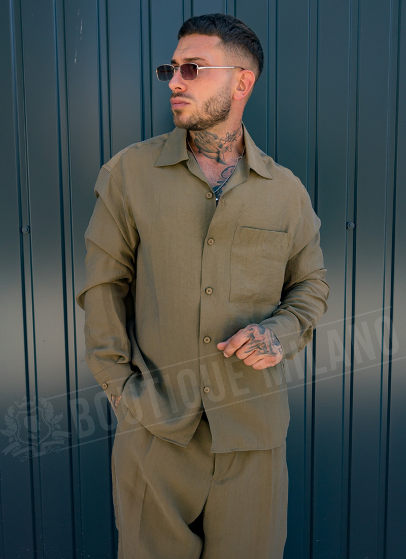 Ανδρικό χακί πουκάμισο smart-casual, άνετη γραμμή (Relaxed Fit) R10162-7