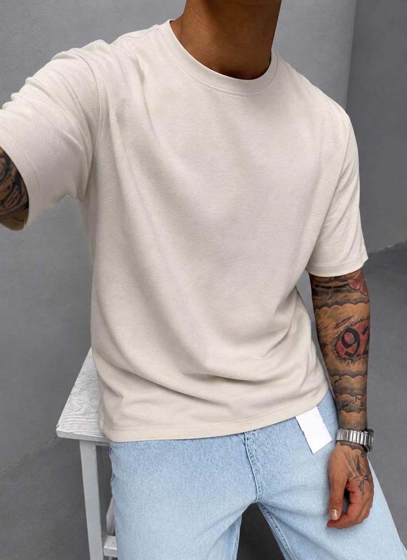 Ανδρικό μπεζ T-shirt σε γραμμή oversized από βαμβάκι εξαιρετικής ποιότητας T4004-3