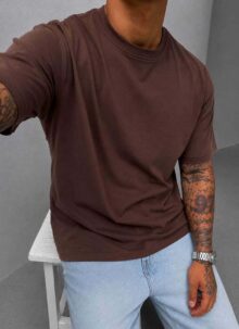 Ανδρικό T-shirt oversized από βαμβάκι εξαιρετικής ποιότητας σε σκούρο καφέ χρώμα T4004-4