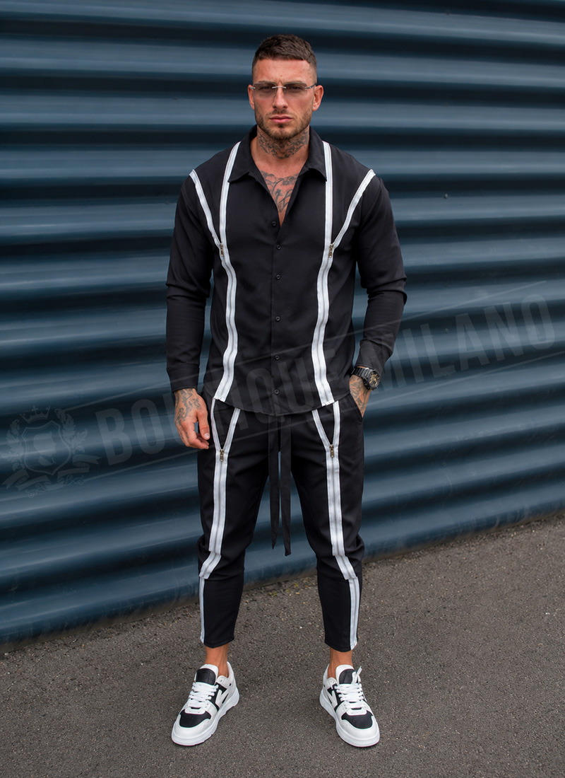 Ανδρικό σετ smart-casual σε μαύρο χρώμα με διακοσμητικά φερμουάρ L512-1