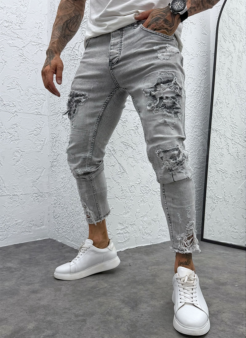 Ανδρικό ανοιχτό γκρι τζιν σε στενή γραμμή (slim-fit) με εφέ σκισίματος A6267-11