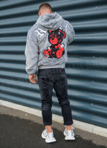 Ανδρικό γκρι βελούδινο μπουφάν με κουκούλα και τύπωμα αρκούδας K1642-2
