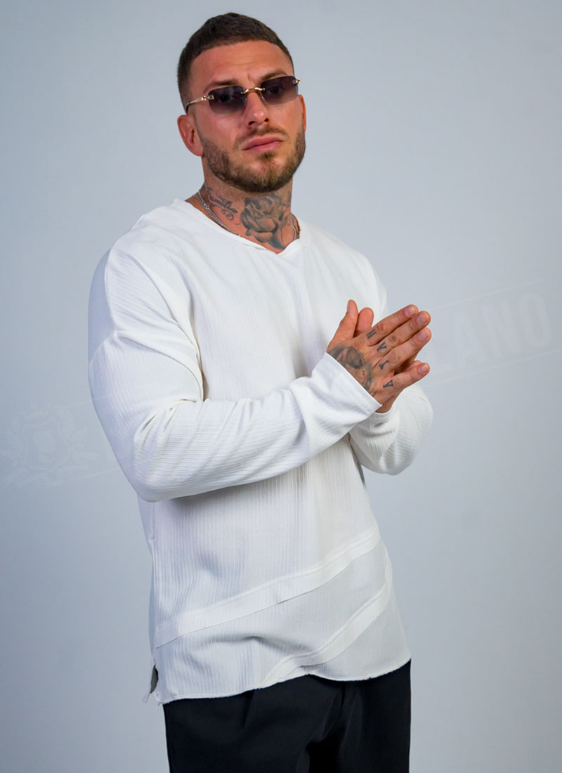 Ανδρική λευκή oversized μπλούζα με ανάγλυφο ριμπ και διαγώνιες ραφές B3119-2