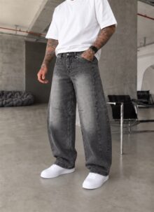 Ανδρικό γκρι τζιν σε γραμμή «balloon» με ραφές – «OVERSIZED GREY BAGGY» A0277