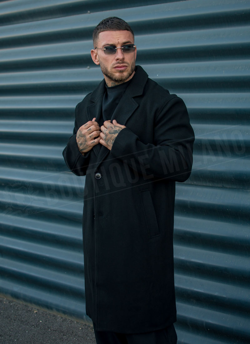 Ανδρικό μακρύ oversized παλτό με γιακά με πέτο σε μαύρο χρώμα PL312-1