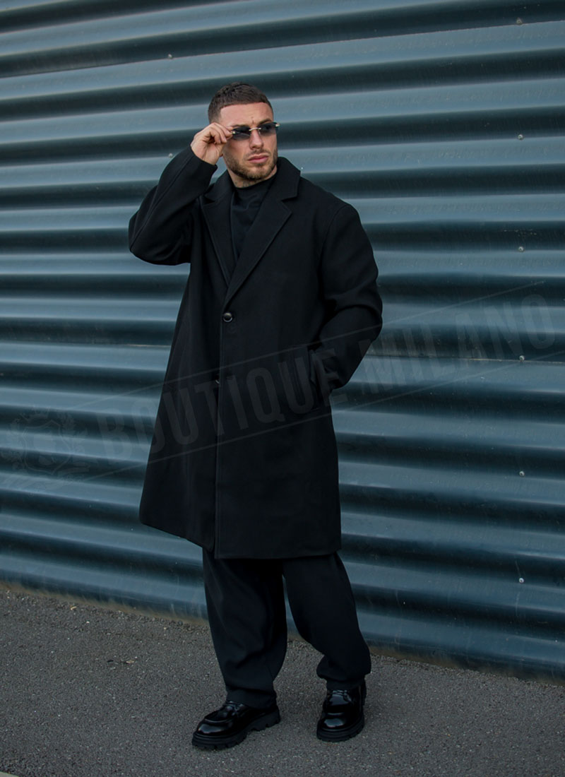 Ανδρικό μακρύ oversized παλτό με γιακά με πέτο σε μαύρο χρώμα PL312-1