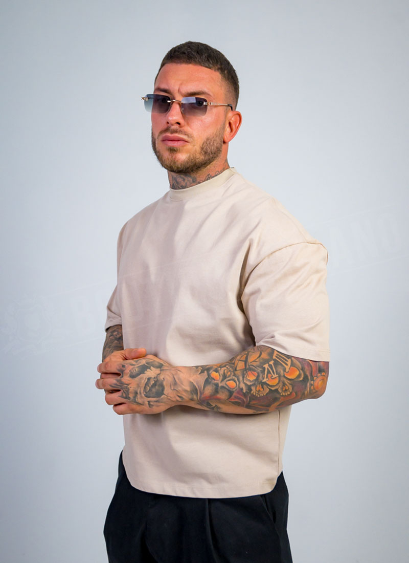 Ανδρικό oversized μπλουζάκι με ανοιχτούς ώμους σε μπεζ χρώμα T19869-4
