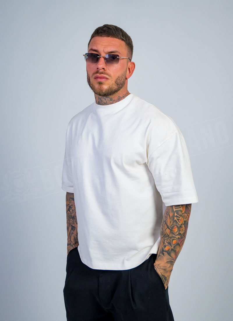 Ανδρικό λευκό oversized μπλουζάκι με κλειστούς ώμους T19869-2