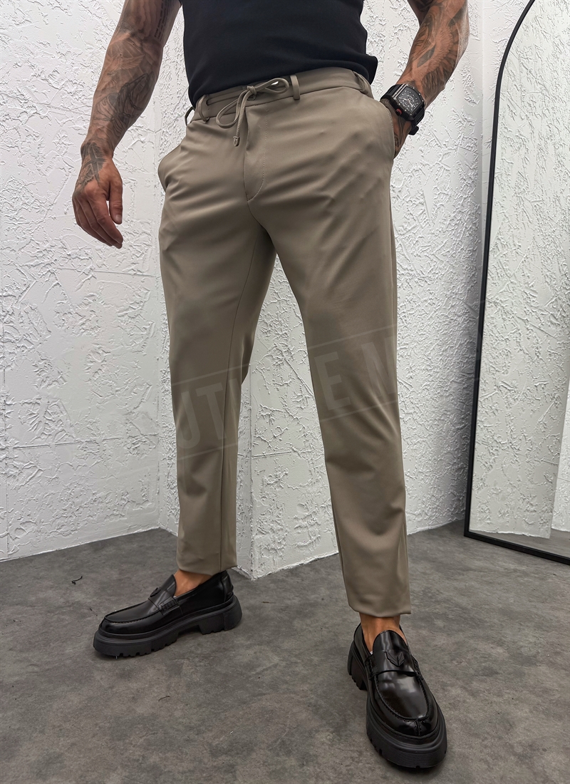 Ανδρικό παντελόνι smart-casual με κορδόνι στη μέση, σε απόχρωση greige P9417-6