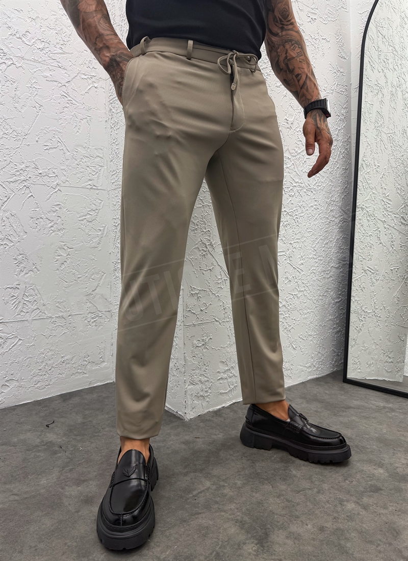 Ανδρικό παντελόνι smart-casual με κορδόνι στη μέση, σε απόχρωση greige P9417-6